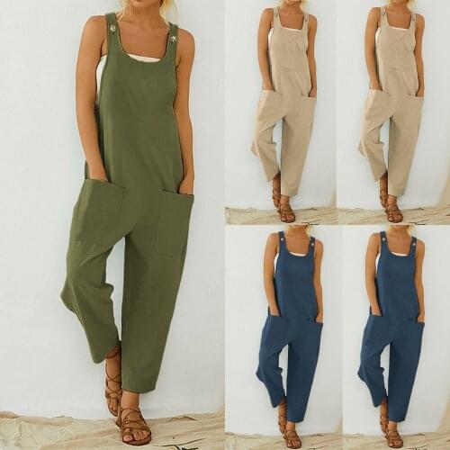 Women Vintage Cotton Linen Jumpsuit Summer Wide Leg Sleeveless Pockets Plus Size Overalls Full Length Pure Color Romper #T2Q