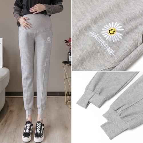 251# Maternity Pants Spring Autumn Pants Embroidery Comfy Belly Support Pants Elastic Waist Maternity Trousers