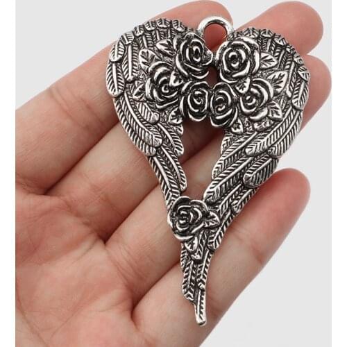 2PCS Antique Large Carved Flower Feather Wings Charms Pendants for DIY Jewelry Necklace Findings 69x45mm