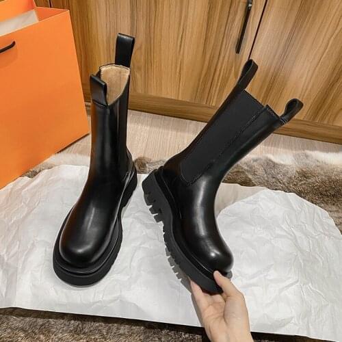 Luxury Brand Women Ankle Boots Winter Autumn Shoes Platform Boots Black Slip On Warm Fur Leather Chunky Heel Chelsea Boots BV