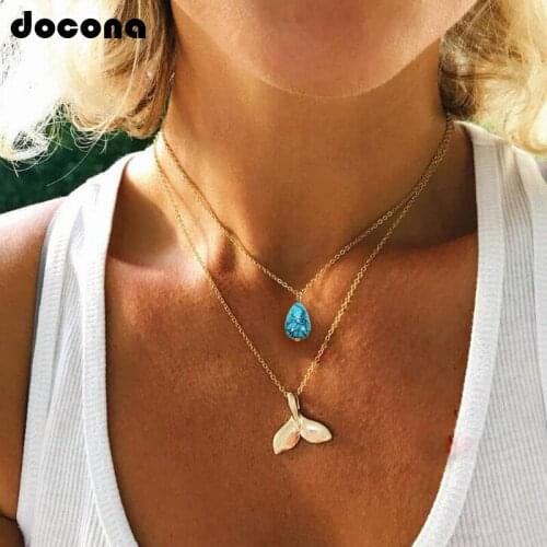 Docona Bohemia Fish Tail Pendant Necklace Layered Green Rhinestone Necklaces for Women Chokers Collar Jewelry Accessories 6618