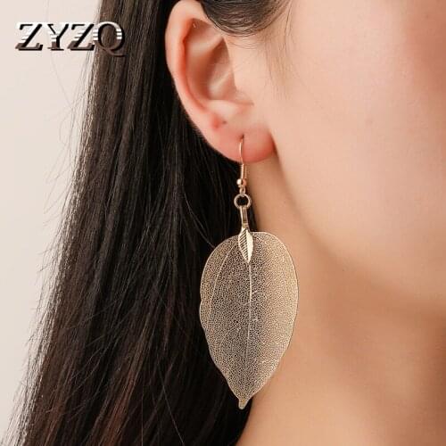 ZYZQ Classic Vintage Plant Earrings With Hollow Out Big Leaf Flake Pendant Elegant Long Style Women Accessories Jewel Earrings