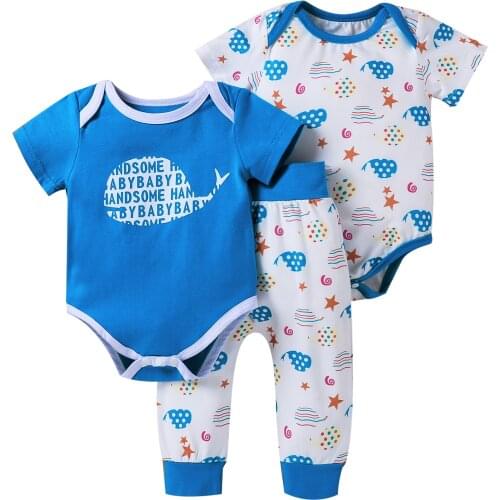Baby Boys Three-piece Clothes Set, Elastic Waist Pants and 2Pcs Round Collar Short Sleeve Romper