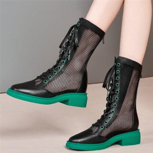 Fashion Sneakers Women Lace Up Genuine Leather Military Riding Boots Female Hi-Top Summer Breathable Mesh Platform Oxfords Shoes