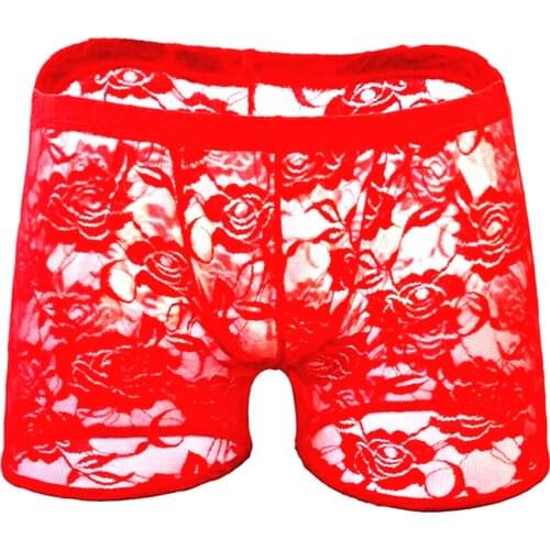 Lace Boxer Gay Mens Sissy Panties Lingerie See Through Male Transparent Underwear Hollow Out Rose Trunks Erotic Apparel