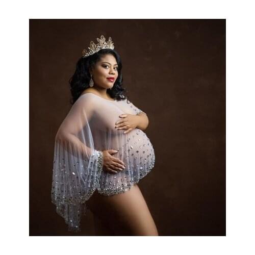 New In Crystal Maternity Tops Tulle Custom Made Beaded Beadings Plus Size Sexy Sheer See Through Photo Shoot Pregnancy Tops