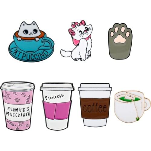 Fashion Cartoon Cute Cat kitten Paw Pins and Brooches Hand Washed Teapot Kettle Coffee Pot Green Tea Cup Pin Brooch Jewelry