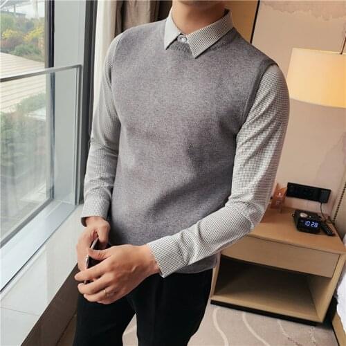 Plus Size 4XL-M Autumn Winter New Fake-2Pieces Spliced Design Knitted Sweater Men Clothing Slim Fit Business Casual Pull Homme