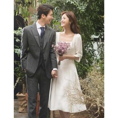 KAUNISSINA Cheap Wedding Dresses Square Collar Half Sleeve Mid-Calf Simple White Dress for Bride Women A-Line Wedding Gowns