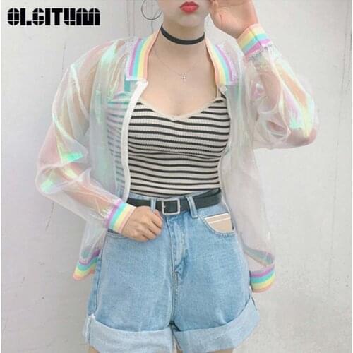 New 2020 Women Tops Harajuku Laser Rainbow Holographic Rainbow Transparent Pilot Jacket Sun Protection Jacket JK713