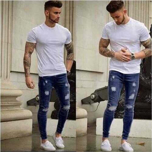2021 new white frayed feet mens ripped stretch European and American mens tight jeans