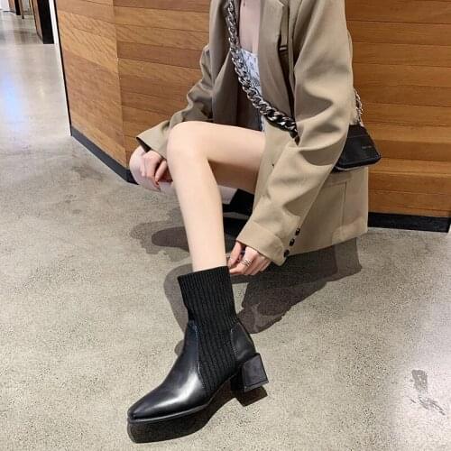 2021 Autumn Winter Women boots Knit Elastic Socks Boots square Toe Chunky Heel Boots Fashion Ankle Chelsea Boots