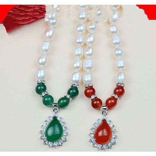 7-8mm Real Freshwater Natural Pearl Necklace with Agate Hot Cheap Fashion Jewellery Nice Jewelry Good Party Gift