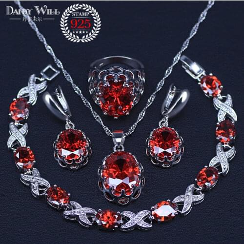 Simple Big Oval Red cubic zirconia Silver Color Jewelry set for women wedding party bracelets pendant earring ring necklace set