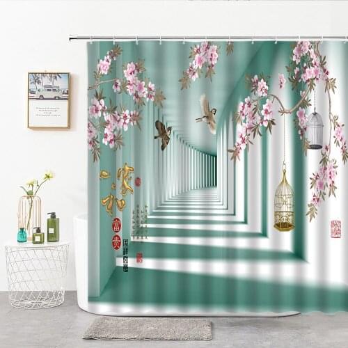 Hand Painted Flower And Bird Shower Curtains Three-Dimensional Pattern Corridor Peach Blossom Home Decoration Bathroom Curtain