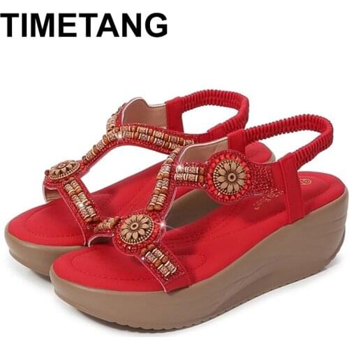 TIMETANG Women Sandals Bohemian Summer Sandals Rhinestone Lady Shoes Elastic Beach Shoes Fashion Street Footwears Zapatos Mujer
