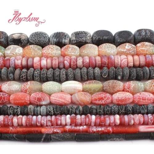 Rondelle Tube Olivary Frost Cracked Red Black Agates Natural Stone Loose Bead For DIY Women Necklace Bracelet Jewelry Making 15"