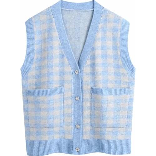 Za New Women Fashion Knitted Cardigan Plaid Vest Sweater V-neck Sleeveless Loose Female Waistcoat Chic Tops XITIMEAO