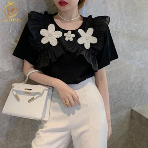 SMTHMA Casual Ruffle T Shirt For Women O Neck Short Sleeve Slim Solid Beaded Flowers T Shirts Female Fashion New 2021 Summer