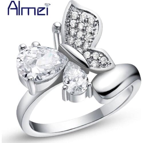 Almei Butterfly Rings for Women Fashion Animal Vintage Crystal Jewelry White Stone Silver Color Ring 2016 New Trendy Sale J608