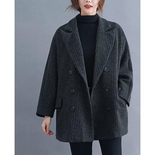 Plus Size Double Breasted Striped Wool Blend Outerwear Woolen Coat for Women Jackets Oversize Suit Spring Long Sleeve Vintage