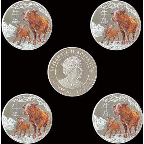 5PCS 2021 The YEAR Of OX Silver Commemorative Metal Coin Elizabeth II Cute Animal