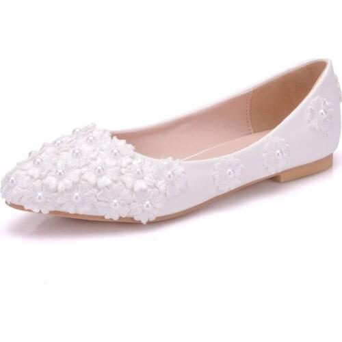 Ballet Flats Women White Pearl Lace Wedding Slippers Pointed Toe Casual Flat Heel Flats Princess Wedding