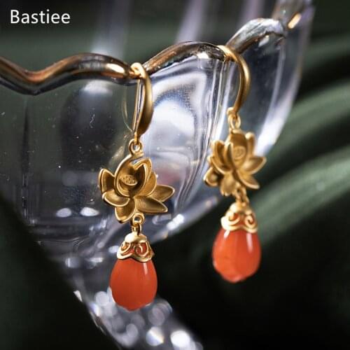 Bastiee 925 Sterling Silver Magnolia Flower Red Agate Golden Plated Korean Earrings Dangle Earrings Vintage