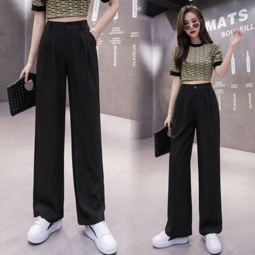 Spring Autumn Suit Pants Women Office Lady Elegant Elastic High Waist Wide Leg Black Pants Full Length Casual Straight Pants