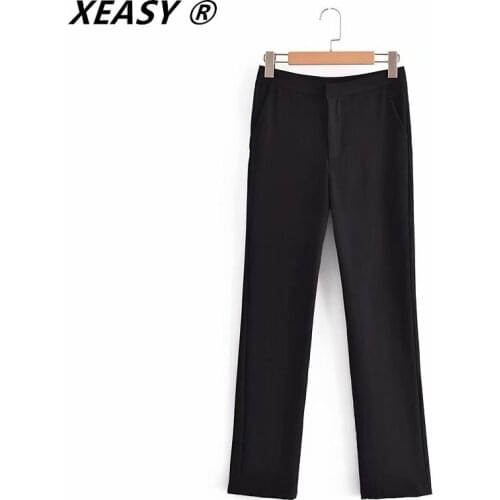XEASY Women Fashion Solid Color Casual Straight Pants Chic High Waist Trousers Female Fake Zipper Pantalones Mujer Retro Pants