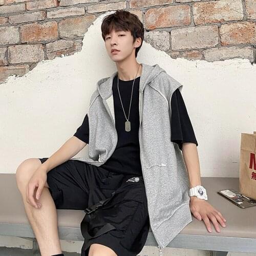 #1520 Black Gray Fashion Summer Spring Sleeveless Hoodie Streetwear Casual Loose Vest Men Cotton Zip Chaleco Jacket Basic Tops