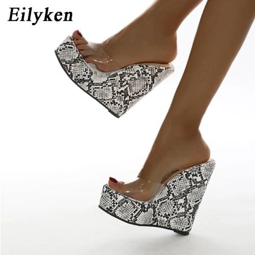 Eilyken New Design Snake Print Thick Bottoms Women Wedge Slippers PVC Transparent Open Toe Platform Sandals High Heels Shoes