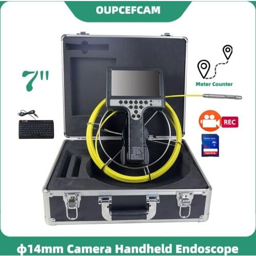 Φ14mm Camera Handhled Drain Sewer Pipe Inspection Endoscope 7" Color Screen DVR Keyboard Meter Counter φ5mm Fiberglass Calble