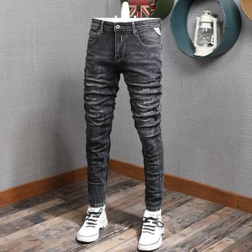 European American Vintage Fashion Men Jeans Retro Black Gray Elastic Slim Fit Ripped Jeans Men Embroidery Designer Denim Pants