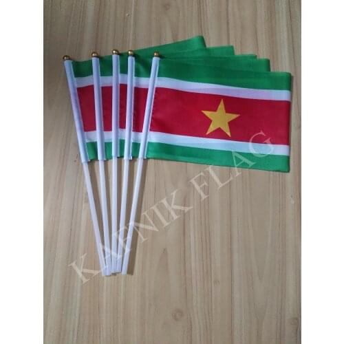 KAFNIK,5pcs 14*21cm Suriname Hand Waving National hand Flag with Pole for advertisement decoration, free shipping