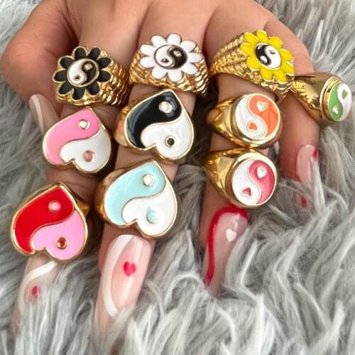 Korean Sweet Multicolor Enamel Yin Yang Rings For Women Golded Chunky Geometric Heart Flower Ring Trendy Statement Party Jewelry