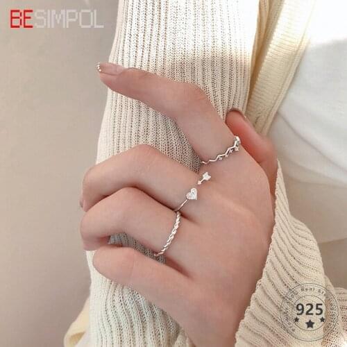 Besimpol Real 925 Sterling Silver Heart Ring Elegant Minimalist Adjustable Zircon Thin Rings For Women Wedding Fine Jewelry Gift