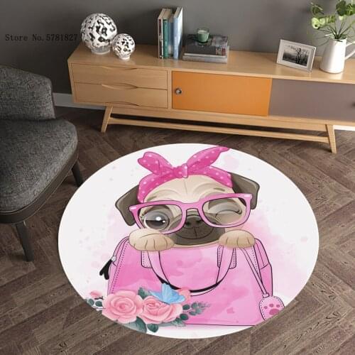 Pet Dog Round Carpet 3D Print Cartoon Pug Floor Carpet For Living Room Floor Mat For Bedroom Kitchen Doorway Floor Rug Decor