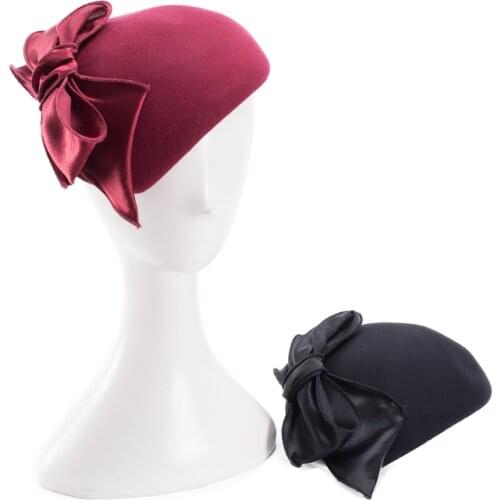 Lawliet Satin Bow Womens British Style Teardrop Wool Felt Fascinator Hat Tam Beret Casque Cocktail Hat A598