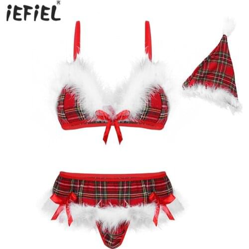 Hot Sexy Women Ladies Christmas Costume Cosplay Plaid Lingerie Bra Set Adjustable Straps Feather Trimming Bra Tops with G-string
