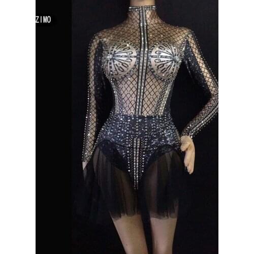 Fashion Womens Silver Rhinestones Outfit Bodysuit sexy Summer Glisten Costume Birthday Celebrate Singer Dance black nightclub