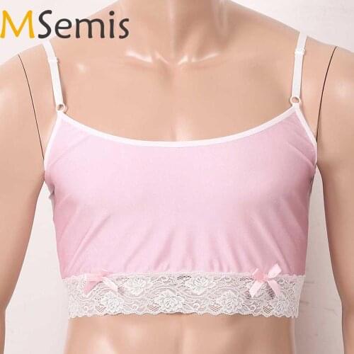 MSemis Men Sissy Bra Gay Pink Silky Lingerie Hot Sexy Erotic Underwear Adjustable Straps Lace Hemline Camisole Vest Crop Tops