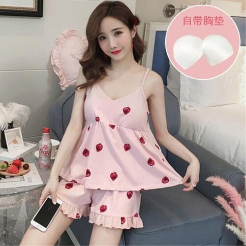 2021 New Summer Sexy Sleeveless Shorts Pajamas Strap Pyjamas Women Homewear Set Sexy Chest Pad Pajamas for Women Satin Pajamas