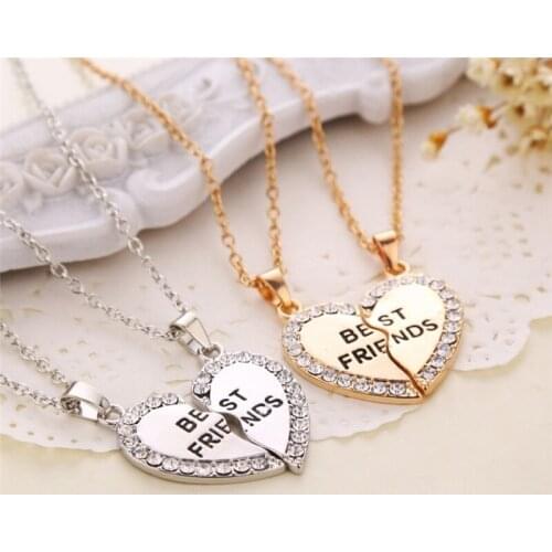 Unisex 2 Pcs BFF Necklace Women Crystal Heart Pendant Best Friend Letter Necklace Fashion Couple Necklace Men Friendship Jewelry