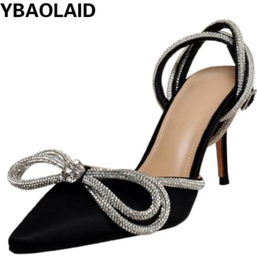 Pointed Stiletto Heel with Rhinestone Bowknot Side Hollow Womens Single Shoes Ankle Buckle Solid Color Baotou Summer Sandals