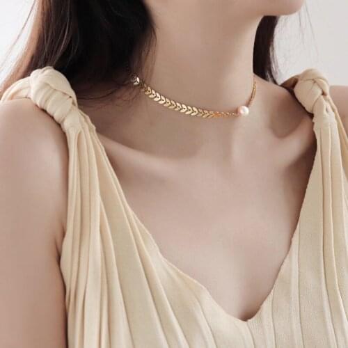 Stainless Steel Leaves Wheat Ear Choker Necklace for Women Never Fade Pearl Pendants Necklaces Trendy Brand jewelry r