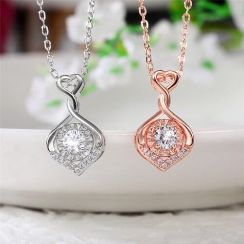 Huitan Fancy Twist Design Pendant Necklace Women Silver Color/Rose Gold Color Romantic Heart Necklace Wedding Engagement Jewelry