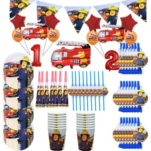 Fireman Sam Birthday Party Decor Disposable Tableware Paper Cup Plate Straw Happy Birthday Banner Fire Engine Truck Ballon Globo