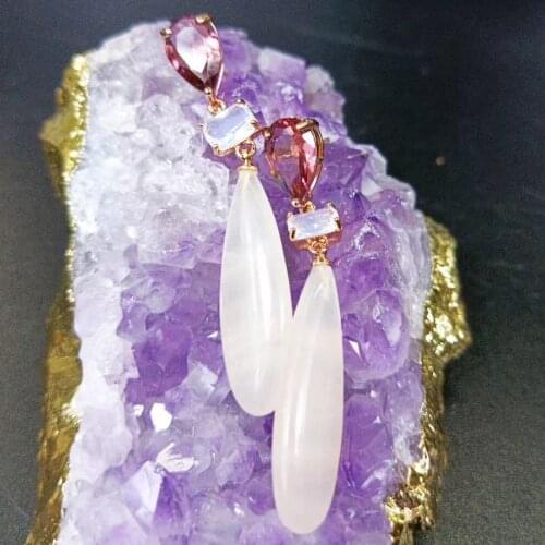 Gold plated Geometric Gemstone Red Pink Rose Quartz blue Turquoise black Natural Stone Long drop Earrings for women 2020 new