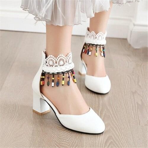 PXELENA Ethnic Tassel Ruffles Lace Bohemia Sandals Women Block Chunky High Heels Bride Wedding Shoes White Pink Black Plus Size